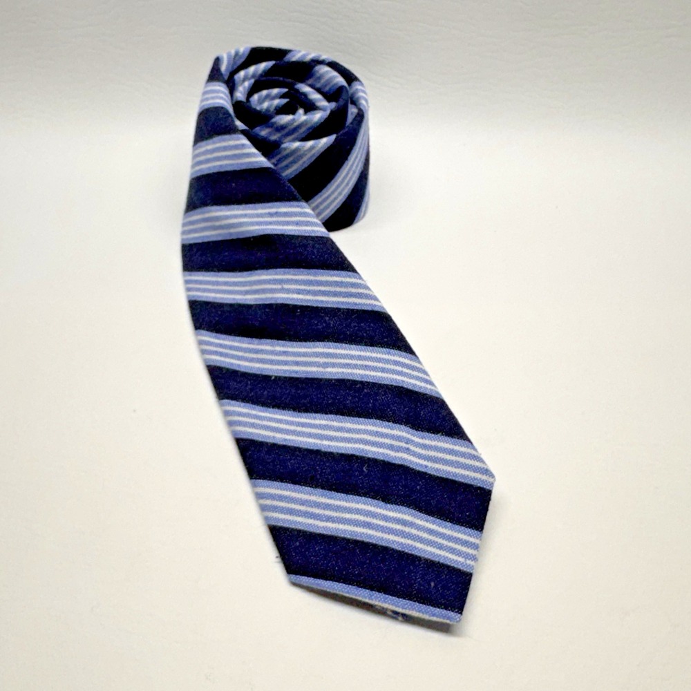 J.Crew Ludlow Men Slim Necktie Navy Blue White Repp Stripe Textured Cotton Blend